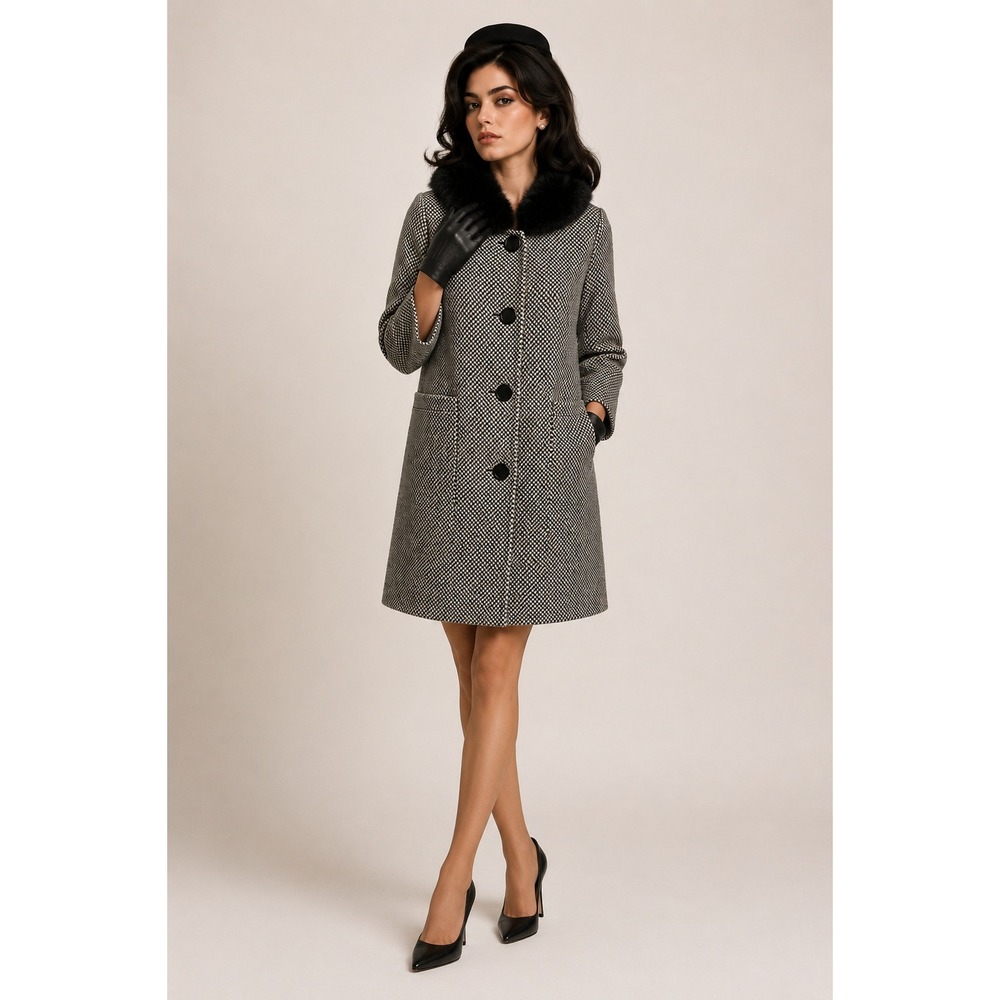 Vintage 60s Houndstooth Fur Collar Mod Wool Coat L